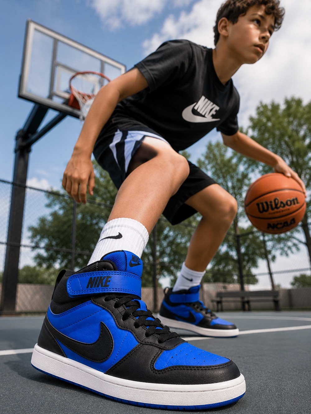 Nike Court Borough Mid 2 GS Game Royal Black High Top Shoes Boy Sz 6.5 Wms Sz 8